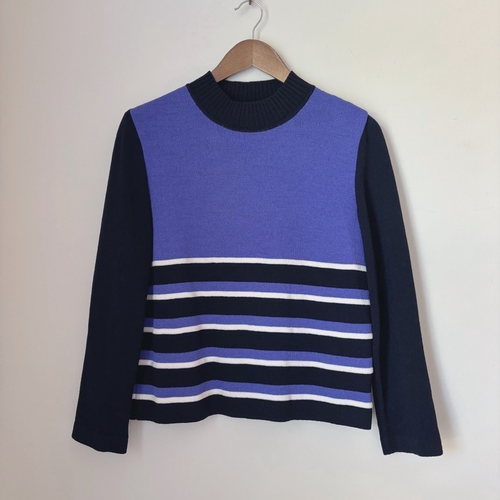 St. John Sport Purple Striped Santana Knit Mock Neck Sweater XS FLAW